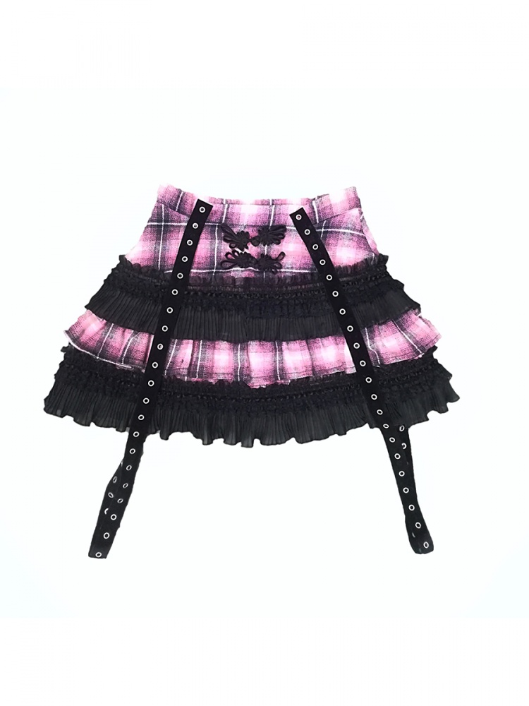 Punk Sweet Pink Plaid Disc Buckle Cake Skirt