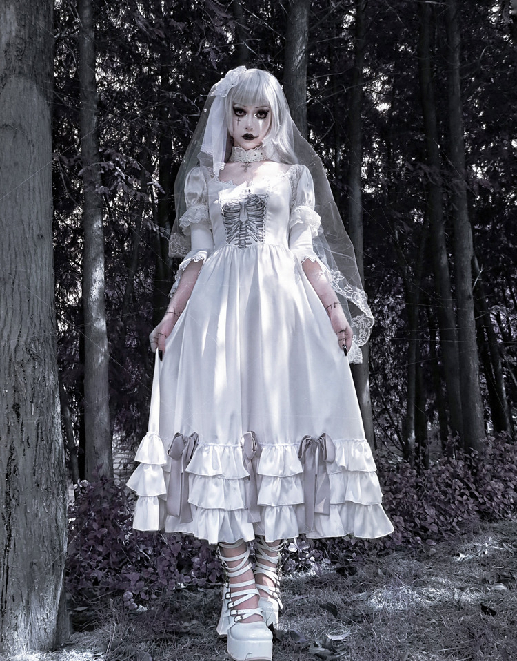 Sad Bride Halloween Gothic V-neck Flowy Sleeves Satin Dress