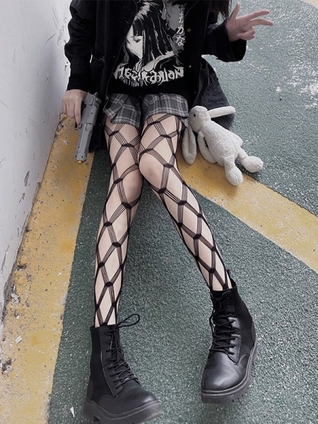 [$7.90]Gothic Punk Hot Diamond Lattice Hollow Out Mesh Tights
