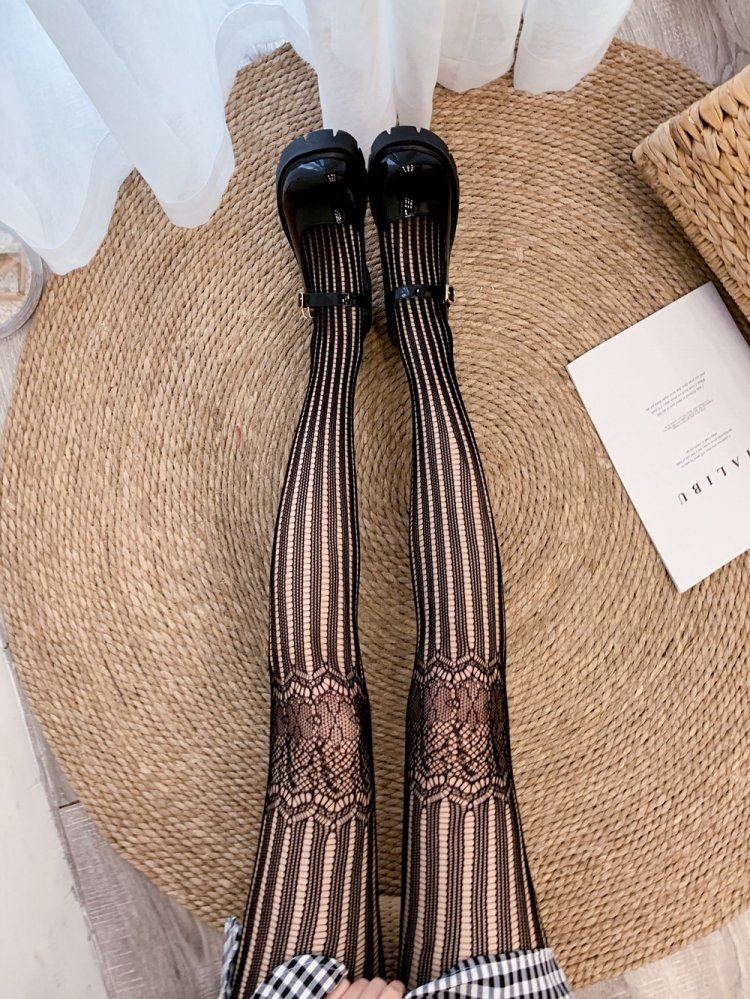 Gothic Hollow Out Lace Striped Mesh Tights