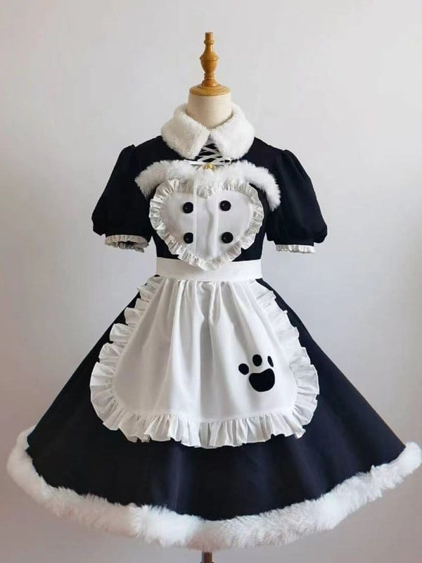 Plush Turndown Collar Short Sleeves Maid Lolita Dress OP Full Set