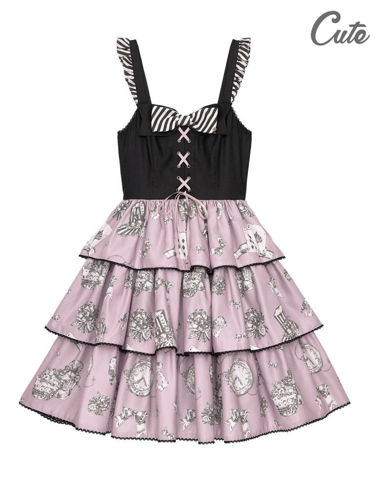Black and White Alice Tiered Flounce Skirt Lolita Dress JSK