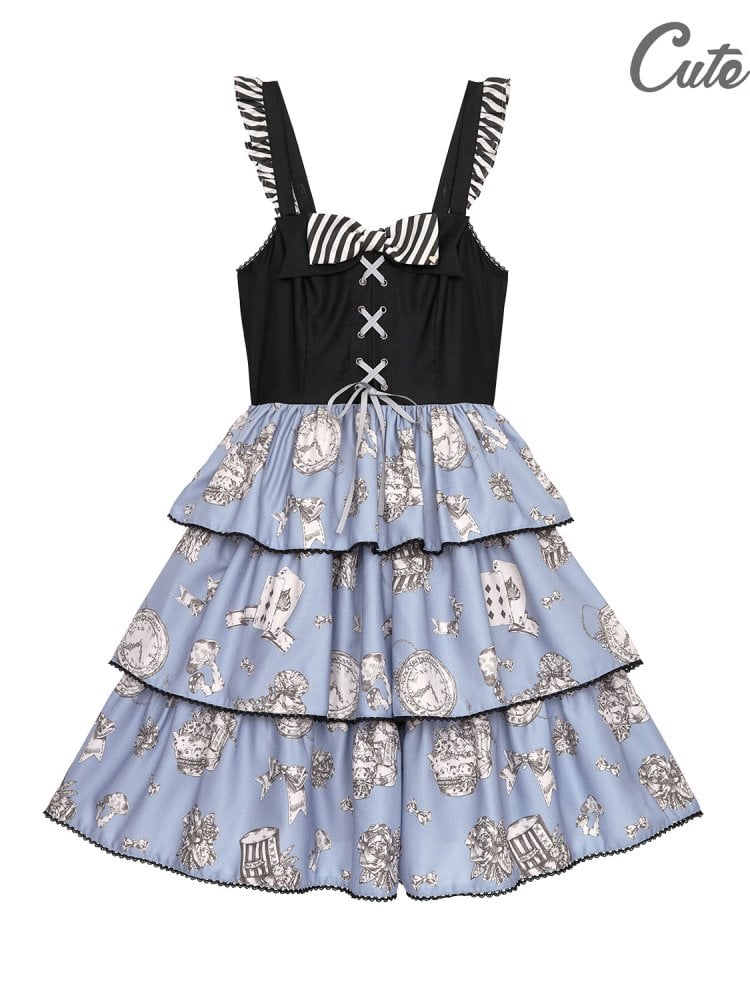 Black and White Alice Tiered Flounce Skirt Lolita Dress JSK
