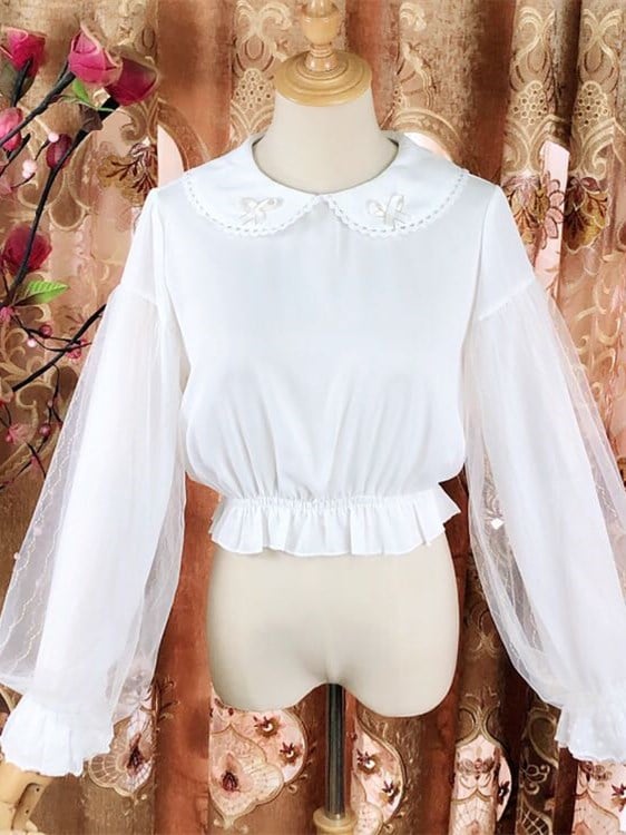 Lady Lace Shirts Top Embroidery Peter Pan Collar Mesh Tops Blouse Lolita Sheer 