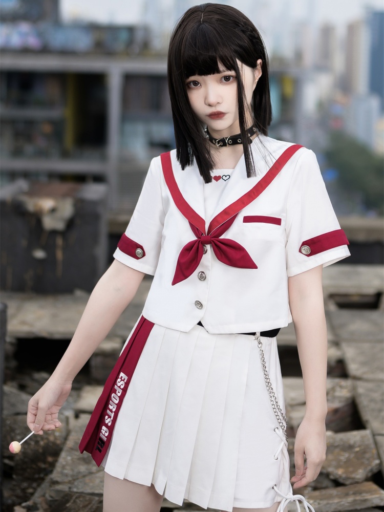Gaming Sailor Collar Top / A-line Pleated Skirt Set