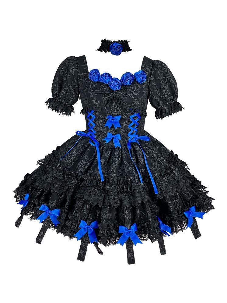 Black&Dark Blue Twins Short Puff Sleeves A-line Skirt Gothic Lolita Dress OP Full Set