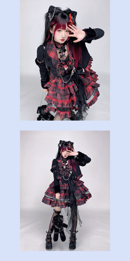 Women's Punk Lolita Red Tartan Short Coat