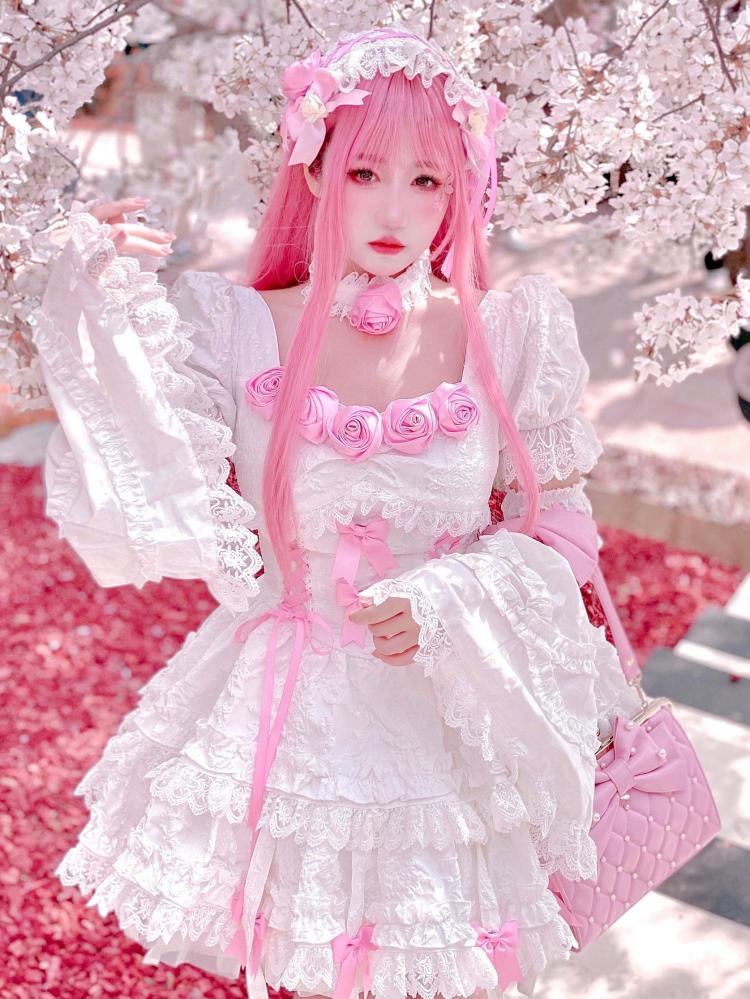 Sakura Fairy Vibes Rosette Neckline Lace Up Waist Tiered Flounce