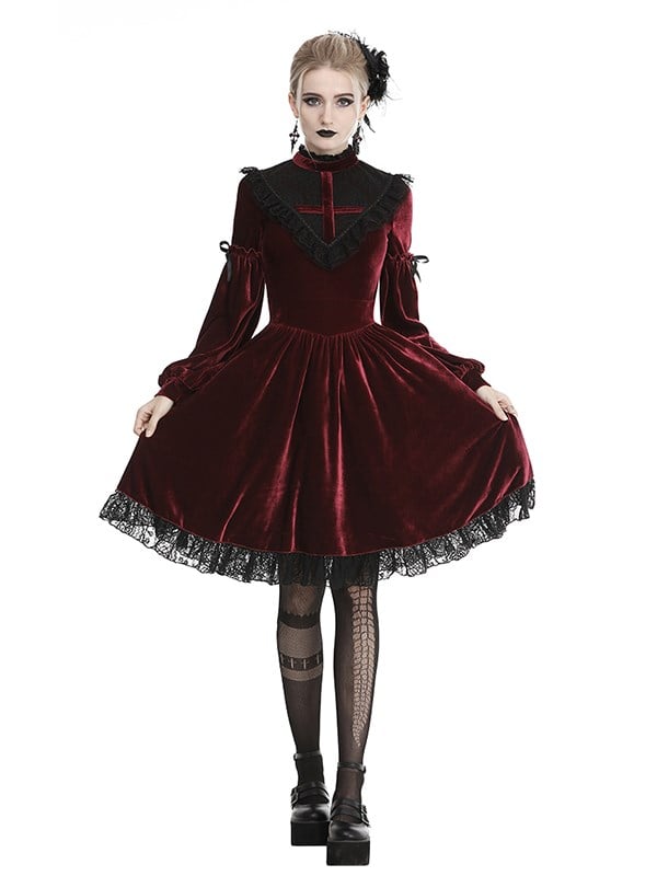 Gothic Red Ghost Blood Cross High Neckline Long Sleeves Velvet Dress