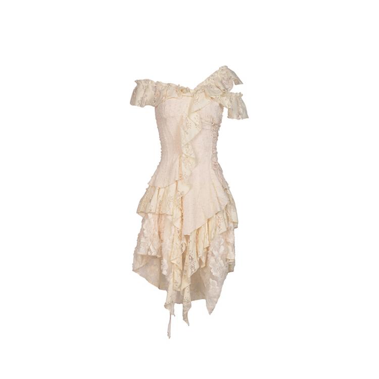 Steampunk Ruffled Open Shoulder Short Sleeves Irregular Lace Dress