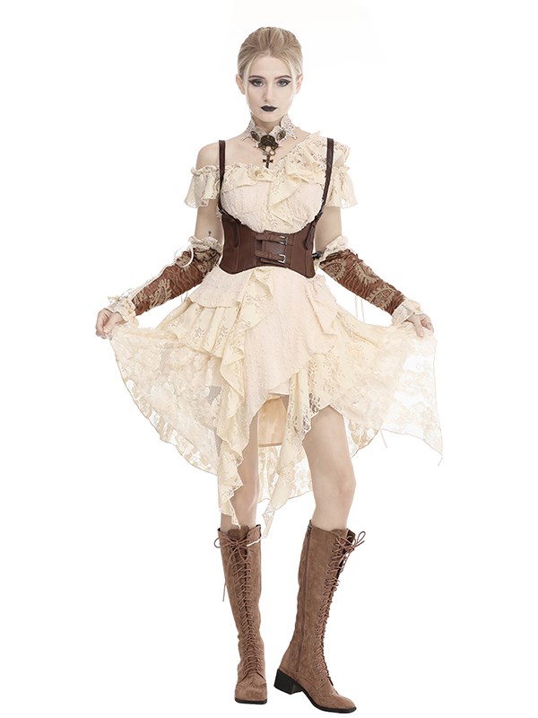 Steampunk Ruffled Open Shoulder Short Sleeves Irregular Lace Dress