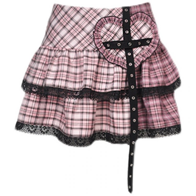 Punk Y2K Heart-shaped Patches Plaid Tiered Skirt