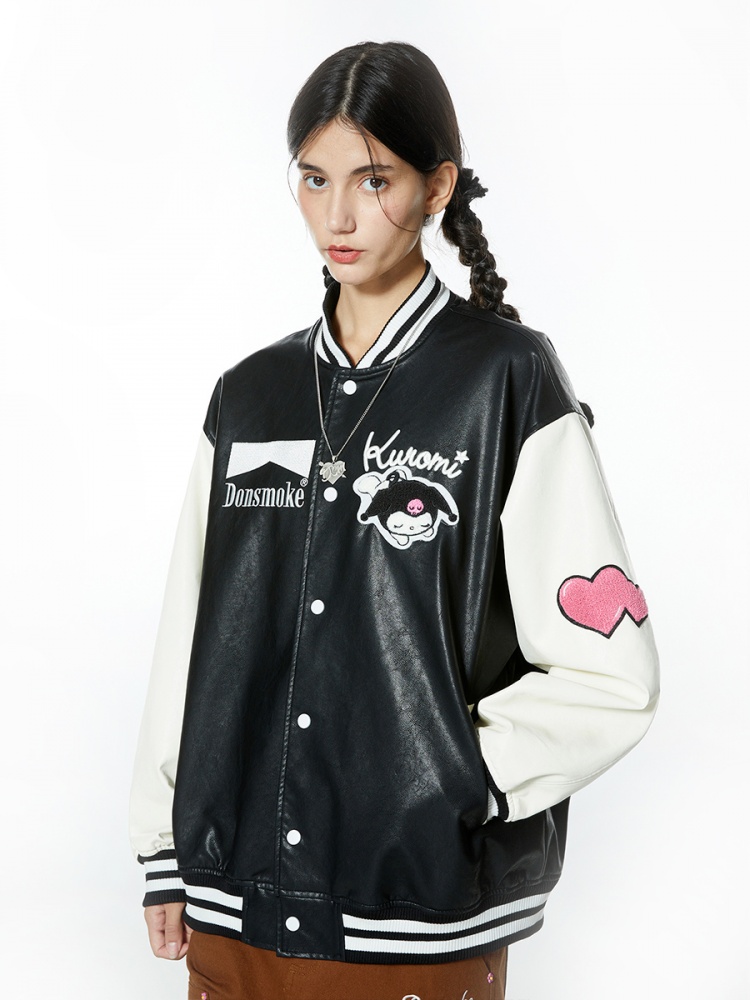 Kuromi × Donsmoke Collaboration PU Black Varsity Jacket