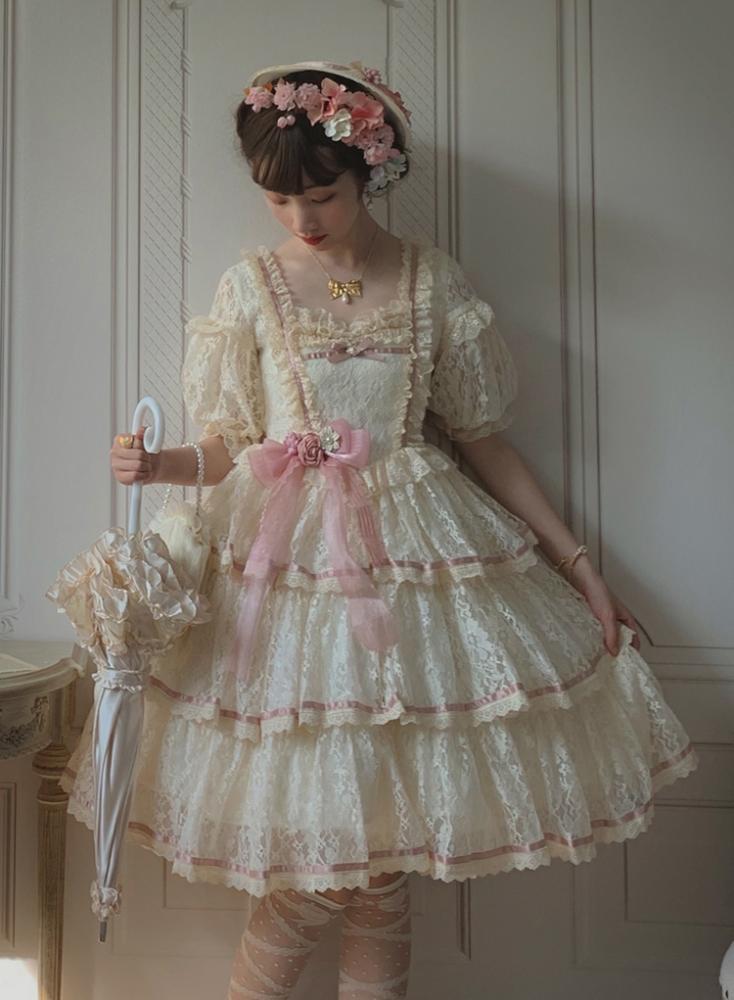 Miss Coco Beige Lace Elegant Lolita Dress Tiered Skirt OP