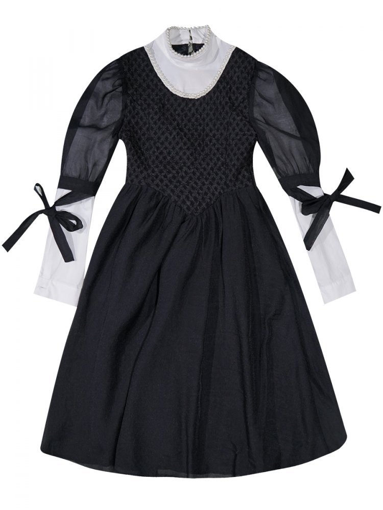 Horror Vintage Stand Collar Puff Sleeves Pearl Dress