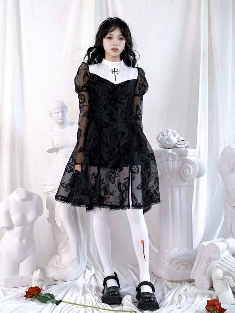 Butterfly Lace Princess Stand Collar Long Sleeves Cross Embroidered Dress