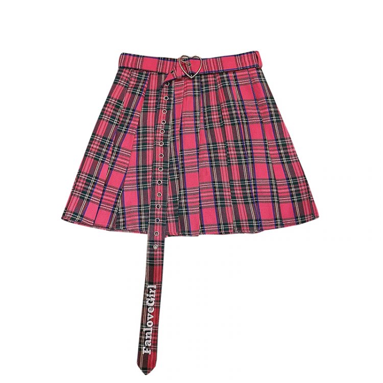Y2K Pink Plaid Pleated Skirt with Detachable Waist Belt / Legwears