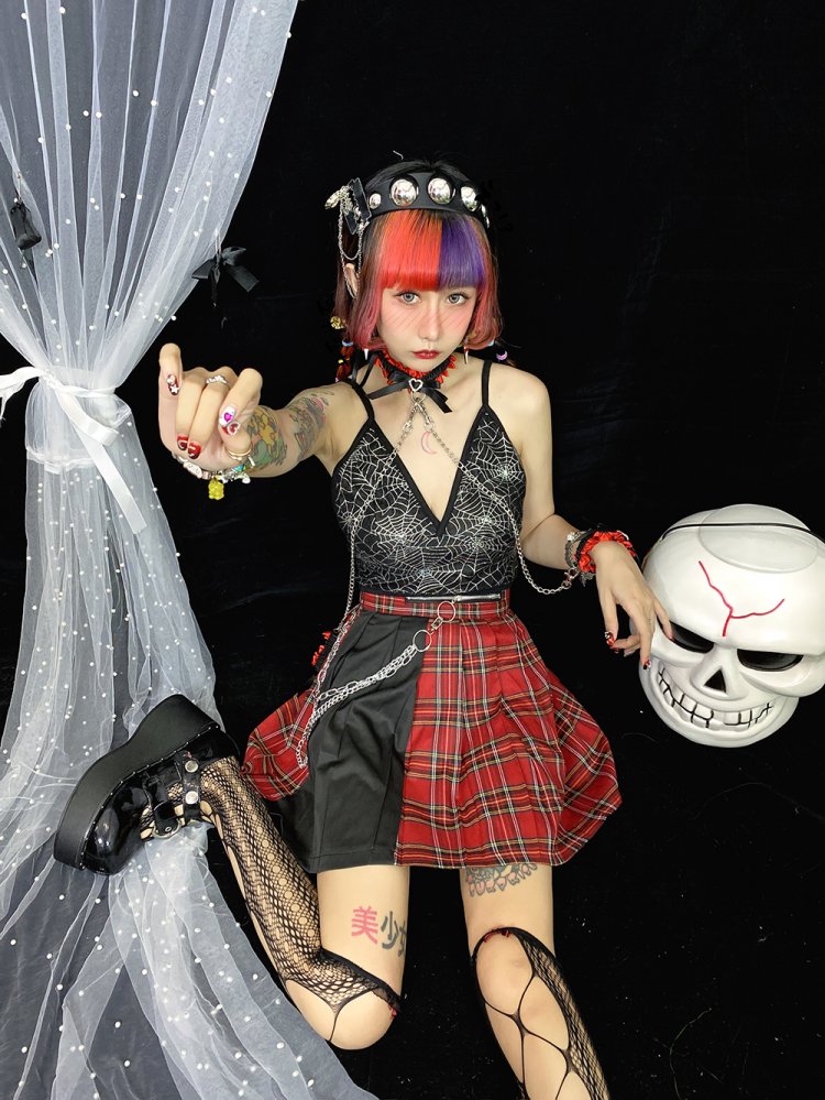 Y2K Punk Chain Decorative Plaid Pleated Skirt