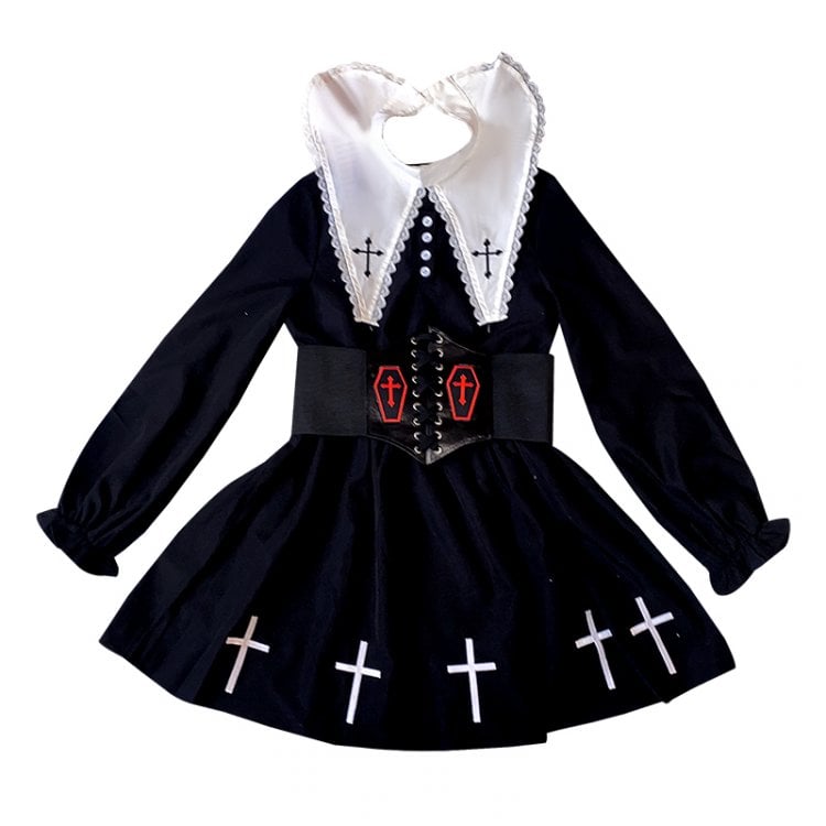 Gothic Removable Pointed Collar Long Sleeves Dress with Waistbelt
