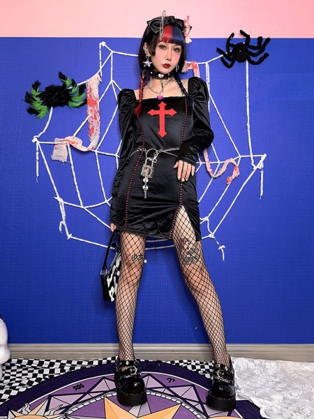 [$23.00]Punk Gothic Square Neckline Puff Sleeves Slit Hem Dress