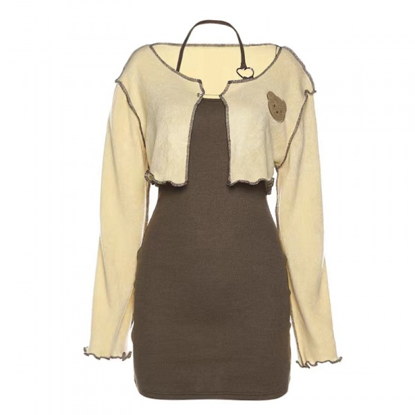[$26.90]Y2K Teddy Square Neckline Halter Cami Dress and Cardigan Set