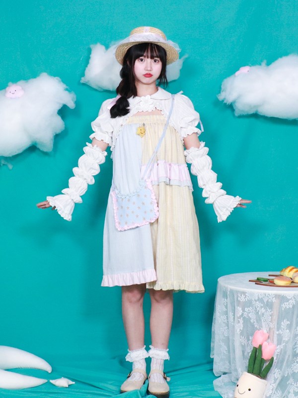 [$30.63]Peter Pan Collar Short Puff Sleeves Cropped Cape / Strapless Dress