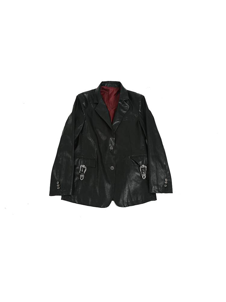 Punk Lapel Collar Meatal Collar PU Leather Jacket