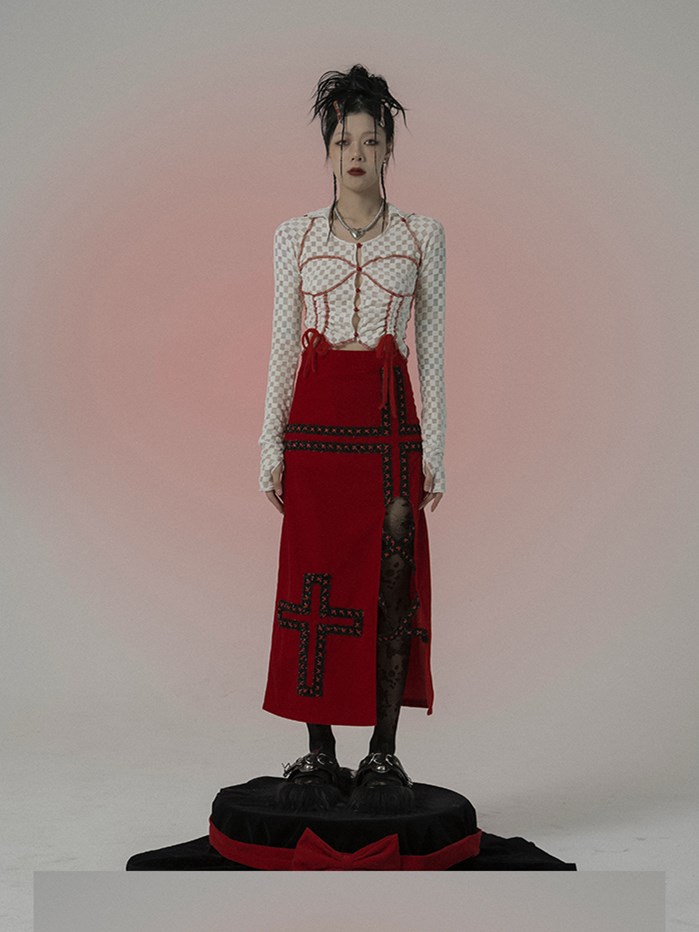 Gothic Red Square Neckline Long Sleeves Irregular Blazer / Skirt