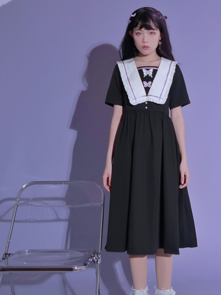 [$44.05]Dream Delusion JK Navy Collar Short Sleeves Three-dimensional Butterfly Decorative Dress