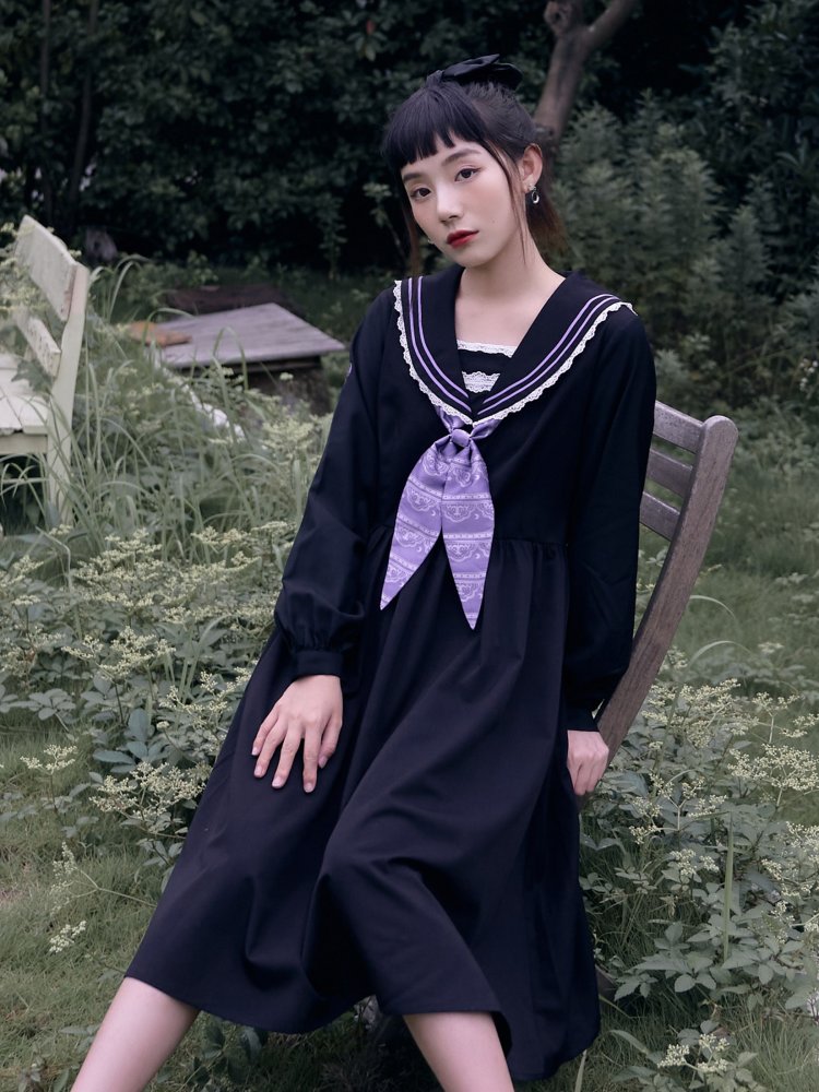 Witch Lace JK Navy Collar Long Sleeves Dress