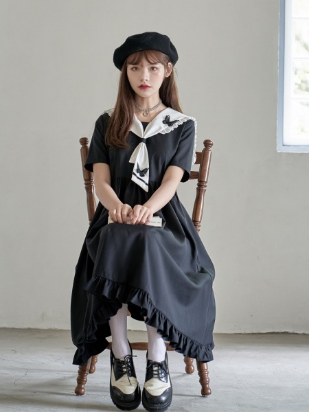 [$44.58]Spring Death Day Navy Collar Short Sleeves Dress with Bow Tie