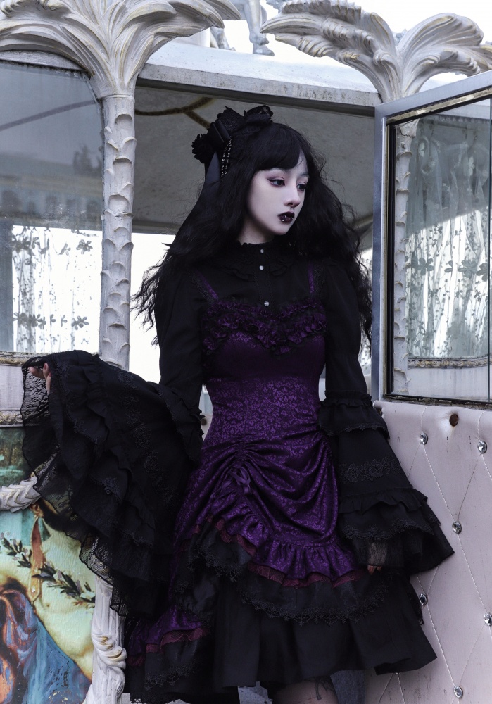 Black and Purple Gothic Ruffle Neckline Drawstring Jumper Skirt