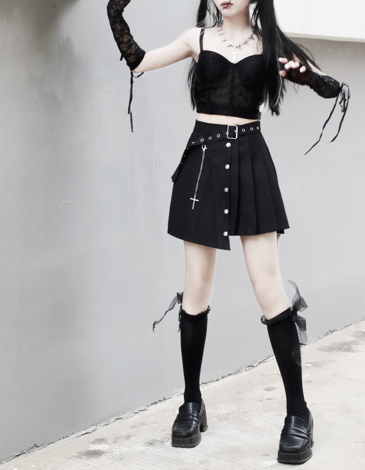 Punk Irregular Chain Decorative Pleated Skirt