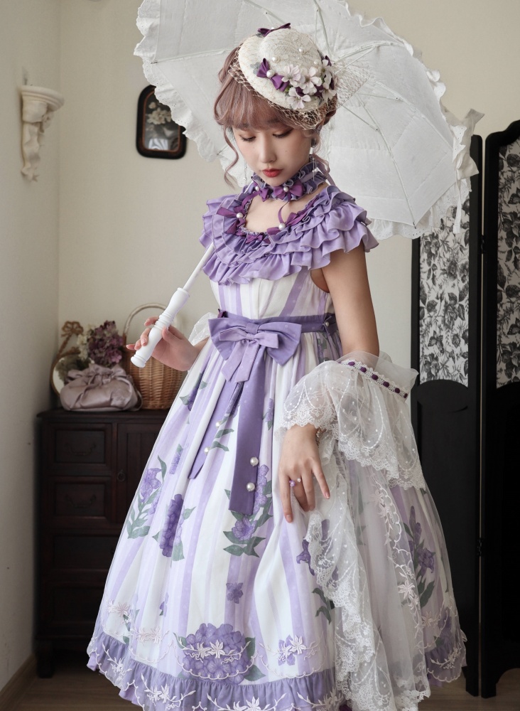 Endless Summer Floral Print Classic Lolita Dress Purple JSK/Full Set