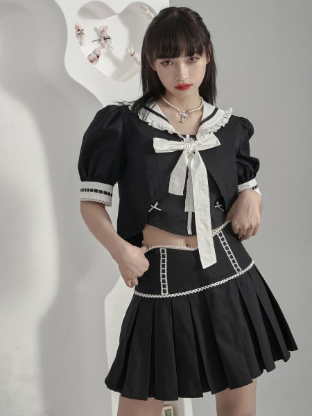[$68.00]Black Navy Collar Removable Sleeves Self-tie Cropped Top