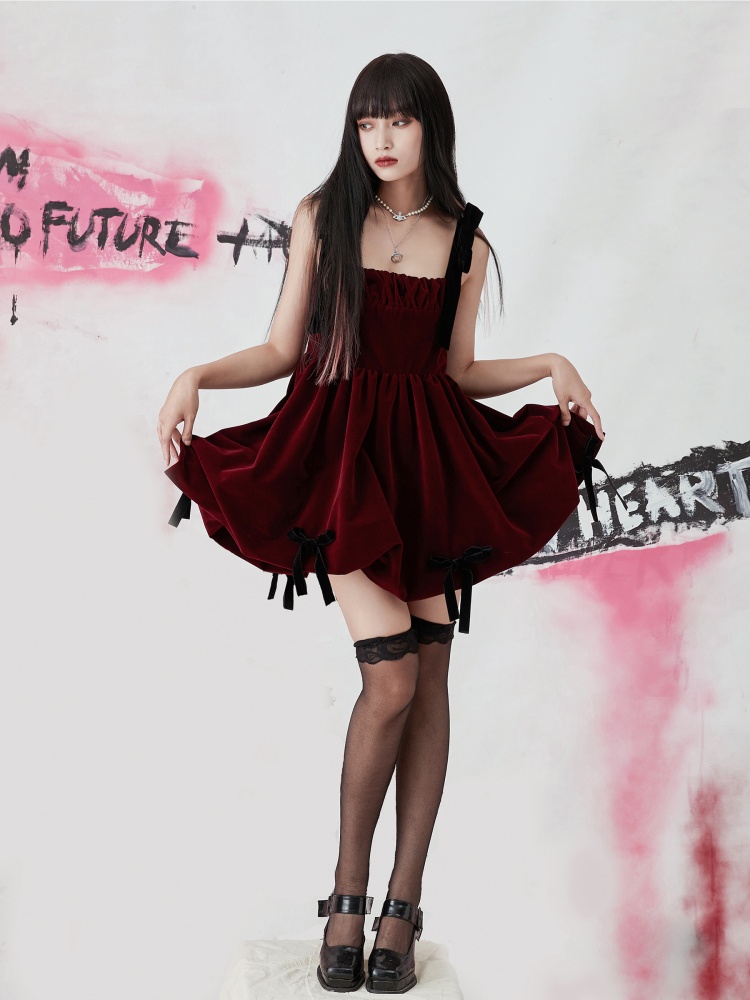Wine Red Velvet Square Neckline Removable Sleeves Puffy Dress