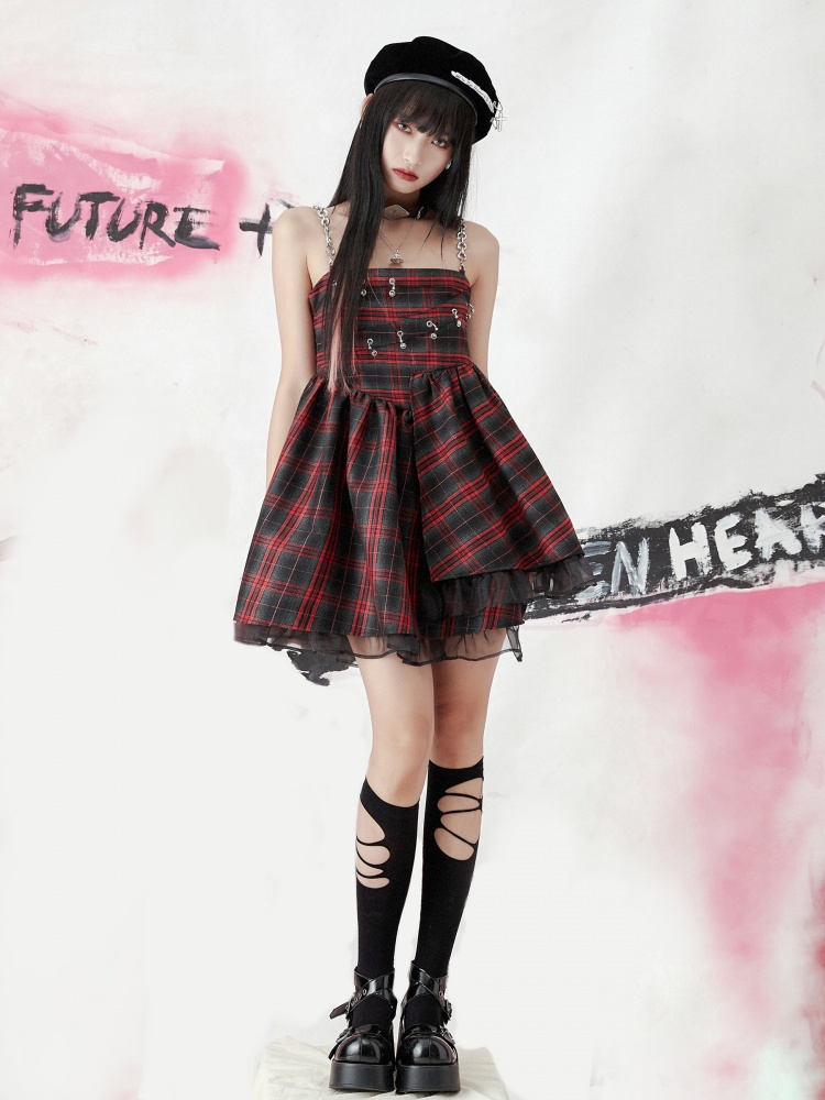 Punk Square Neckline Chain Puff Cami Dress
