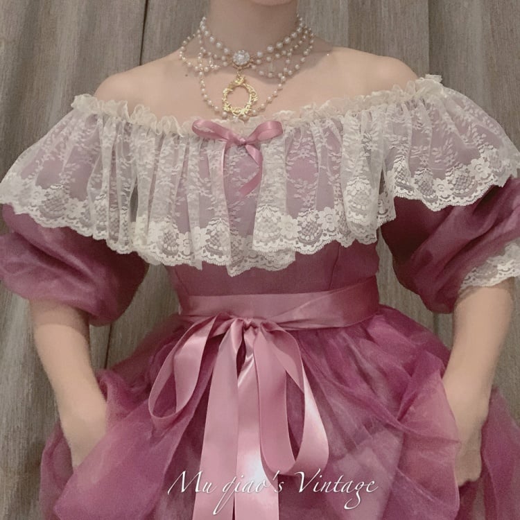 [$105.40]Wuthering Heights Vintage Purple Organza Lace Ruffled  Off-the-shoulder Neckline Long Dress