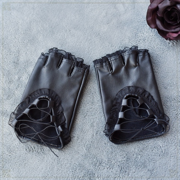 [$12.30]Gothic Punk Lolita Lace Bandage Half Finger PU Leather Gloves