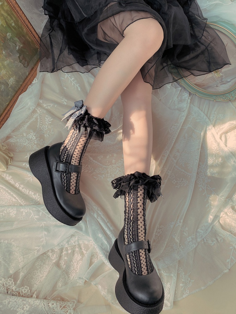 Elegant Plaid Bowknot Ruffle Lace Lolita Socks