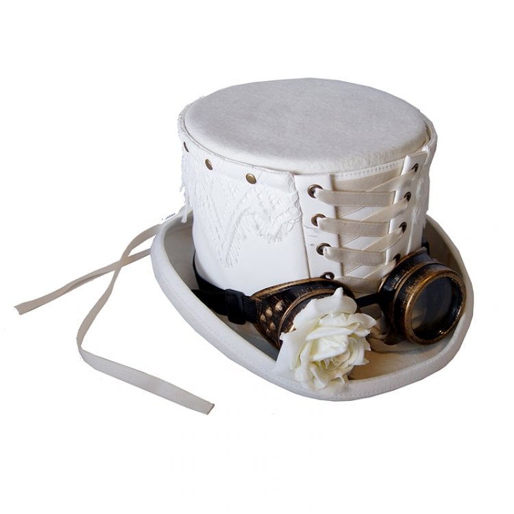 Steampunk White Lace Rose Goggles Wool Top Hat