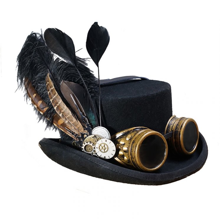 Handmade Steampunk Vintage Feather Goggles Wool Top Hat