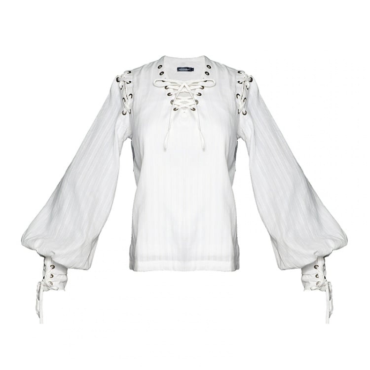 [$54.20]Steampunk Retro Lace-up White Cotton Long Sleeve Shirt