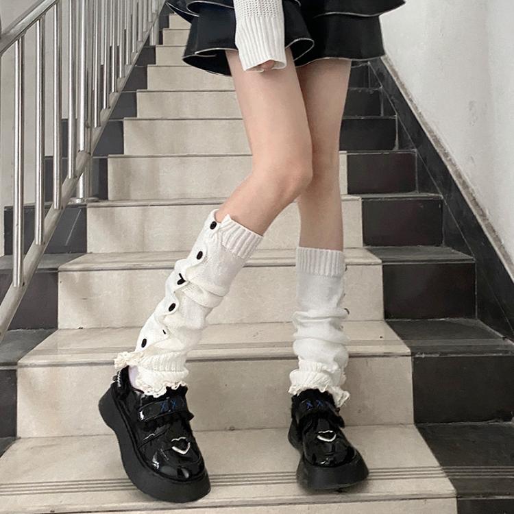 Black / White JK Lace Trimmed Buttons Side Lolita Knitted Legwears