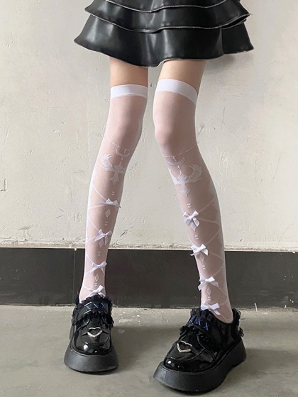 White / Black JK Cross-shaped Front Velvet Lolita Stockings