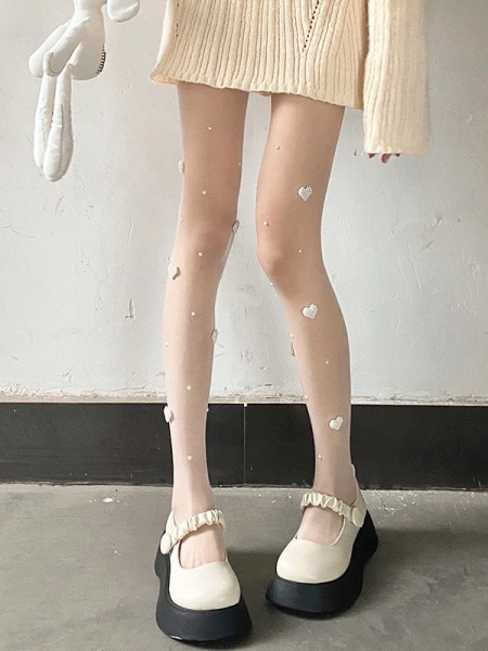 [$14.80]White JK Heart-shaped Pearl Decorative Lolita Tights