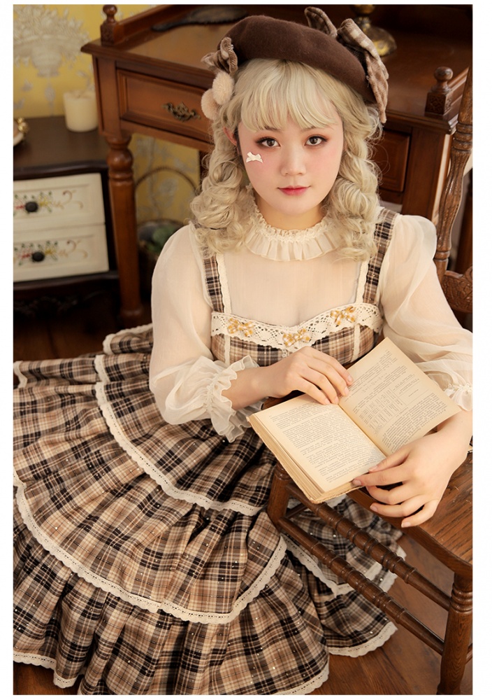 Plus Size Honey Plaid Tiered Flounce Skirt Lolita Dress JSK