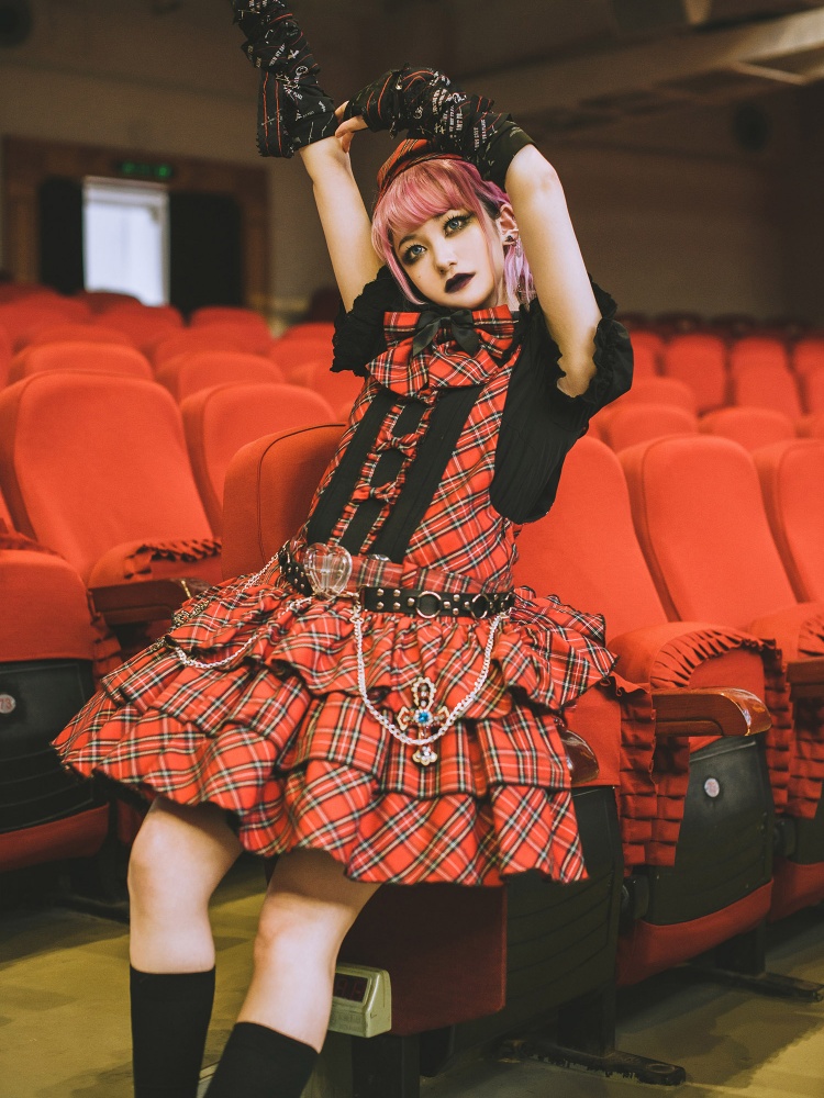 After School Red Plaid Lolita Overall Dress JSK Full Set