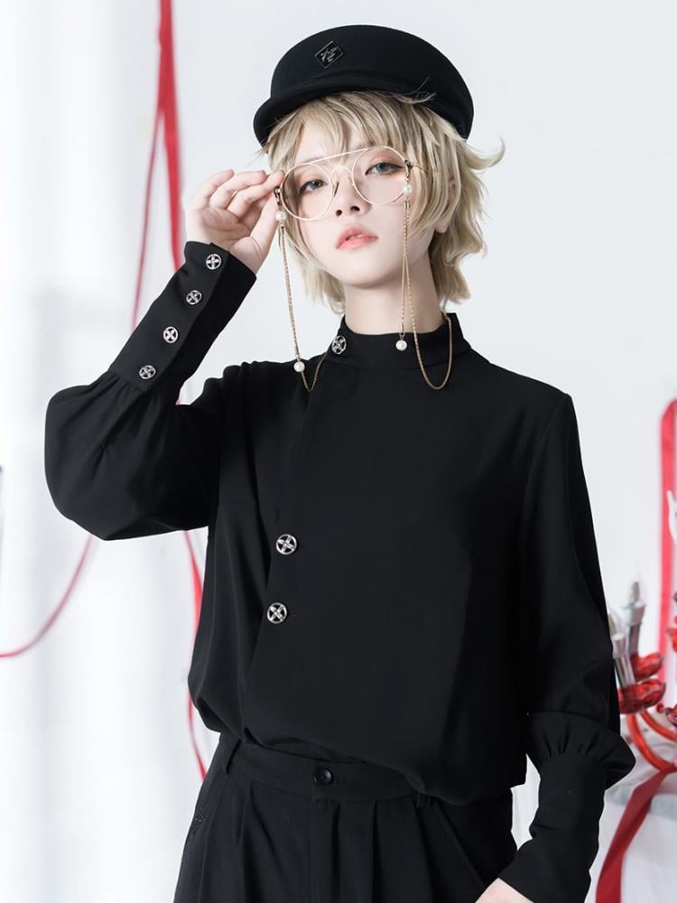 Prince Ouji Fashion Leg-of-mutton Buttons Sleeves Black Female/Male Shirt