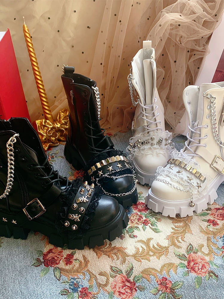 Gothic Black / White Round Toe Chian Decorative Plush Velvet Lolita Boots